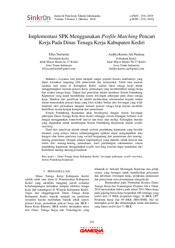 (PDF) Implementasi SPK Menggunakan Profile Matching Pencari Kerja Pada ...