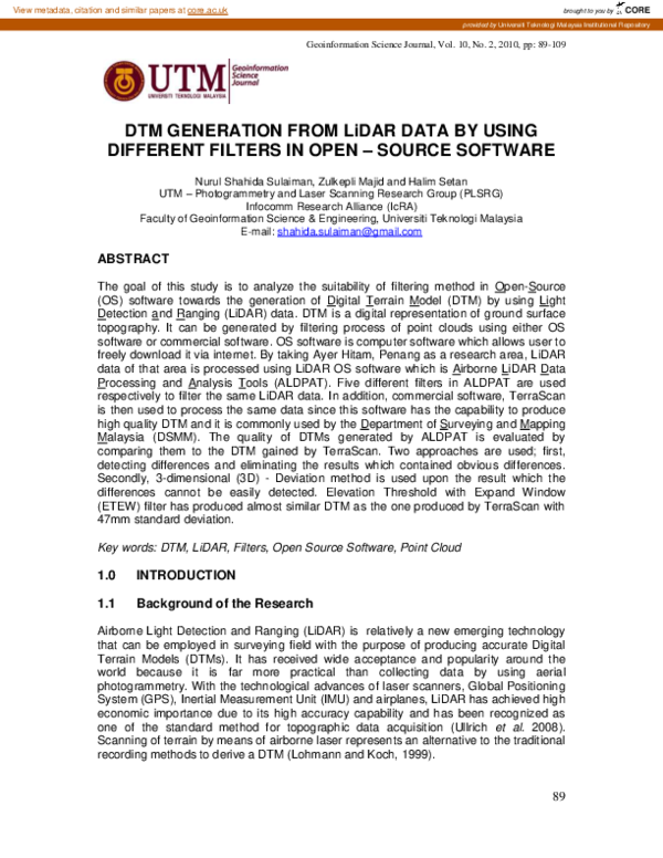 (PDF) DTM generation from LiDAR data by using different filters in open ...
