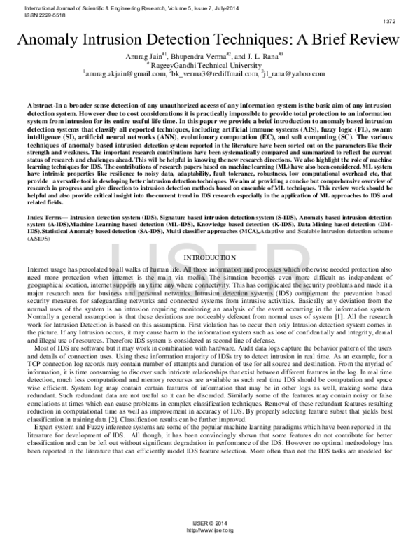 (PDF) Anomaly Intrusion Detection Techniques: A Brief Review