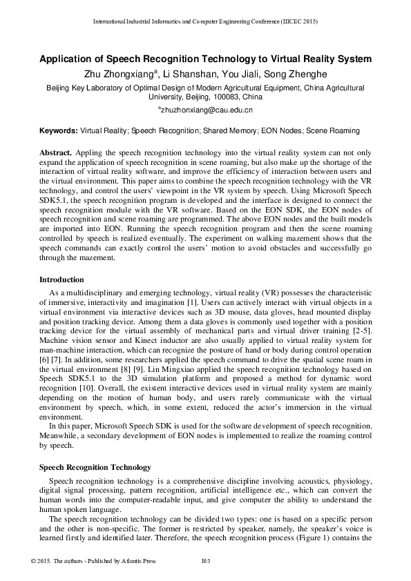 (PDF) Application of Speech Recognition Technology to Virtual Reality ...