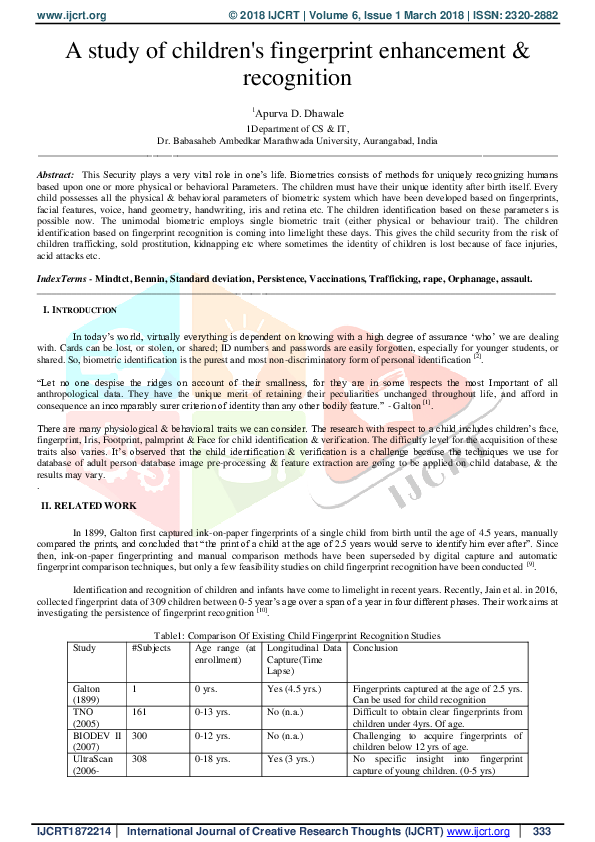 (PDF) A study of children's fingerprint enhancement & recognition