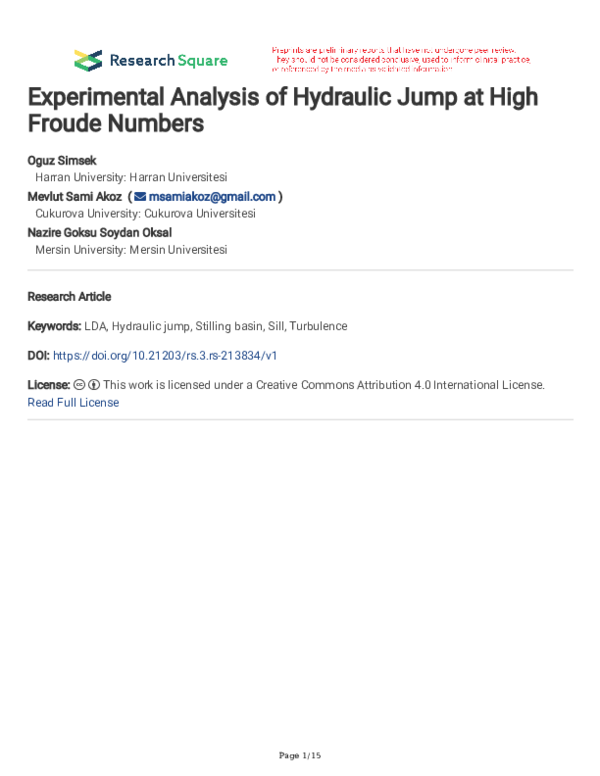 (PDF) Experimental Analysis of Hydraulic Jump at High Froude Numbers