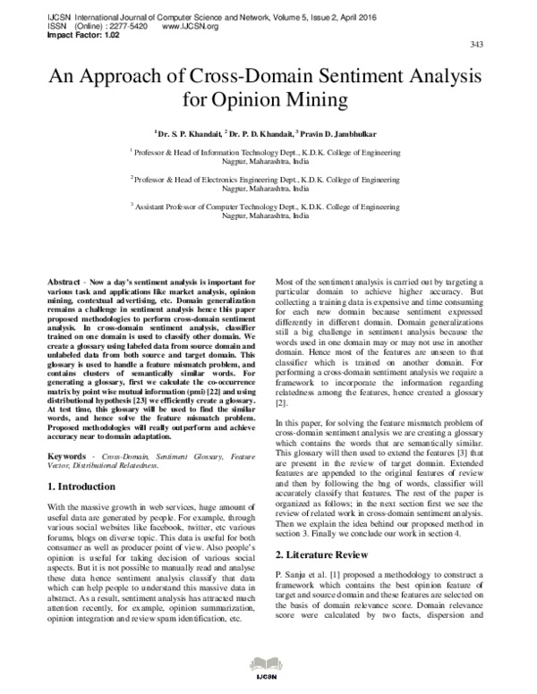 (PDF) An Approach of Cross-Domain Sentiment Analysis for Opinion Mining