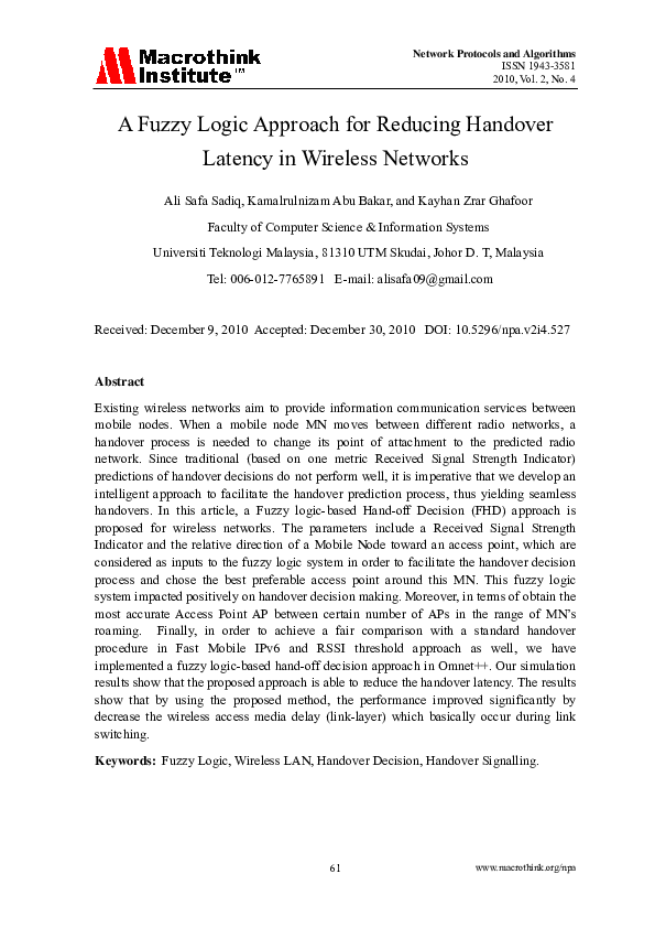 (PDF) A Fuzzy Logic Approach for Reducing Handover Latency in Wireless ...