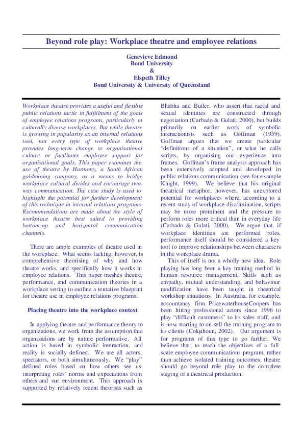 Pdf Beyond Role Play Workplace Theatre And Employee Relations
