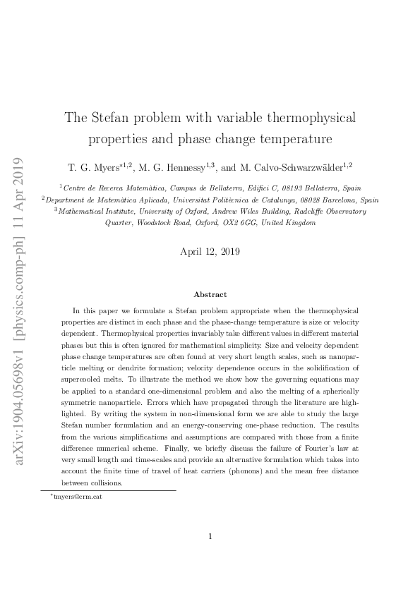 (PDF) The Stefan problem with variable thermophysical properties and ...