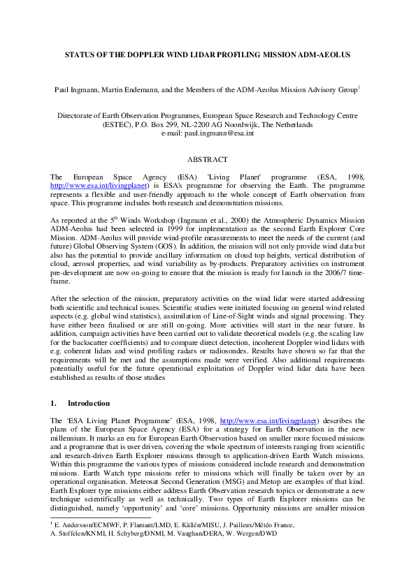 (PDF) Status of the Doppler Wind Lidar Profiling Mission Adm-Aeolus