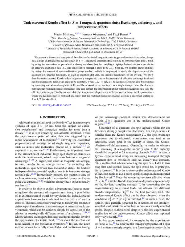 (PDF) Underscreened Kondo effect in S=1 magnetic quantum dots: Exchange ...