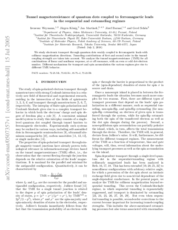 (PDF) Tunnel magnetoresistance of quantum dots coupled to ferromagnetic ...