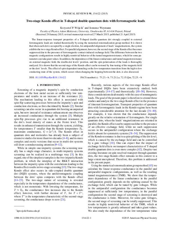 (PDF) Two-stage Kondo effect in T-shaped double quantum dots with ...
