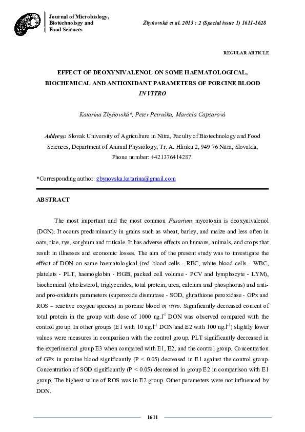 (PDF) Effect of Deoxynivalenol on Some Haematological , Biochemical and ...