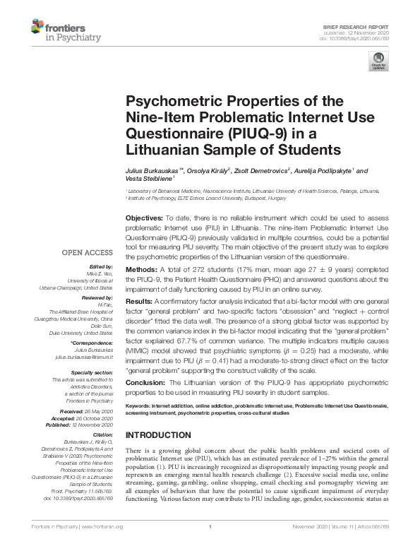 (PDF) Psychometric Properties of the Nine-Item Problematic Internet Use ...
