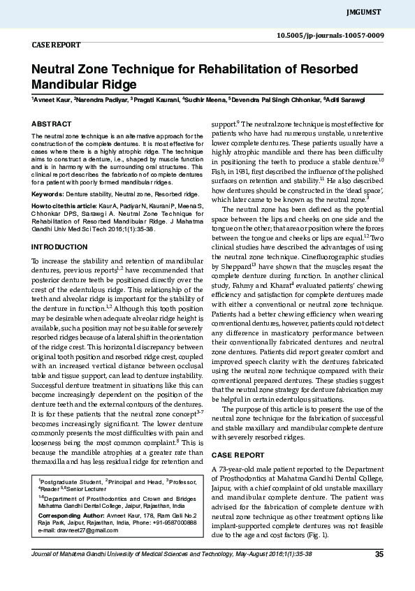 (PDF) Neutral Zone Technique for Rehabilitation of Resorbed Mandibular Ridge Devendra Pal
