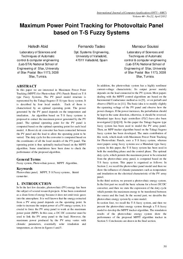 (PDF) Maximum Power Point Tracking for Photovoltaic Panel based on T-S ...