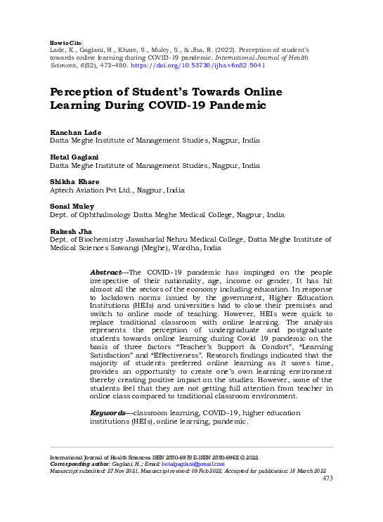 (PDF) Perception of student’s towards online learning during COVID-19 ...