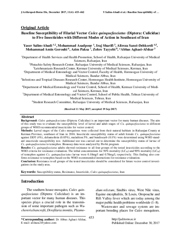 (PDF) Baseline Susceptibility of Filarial Vector Culex quinquefasciatus ...