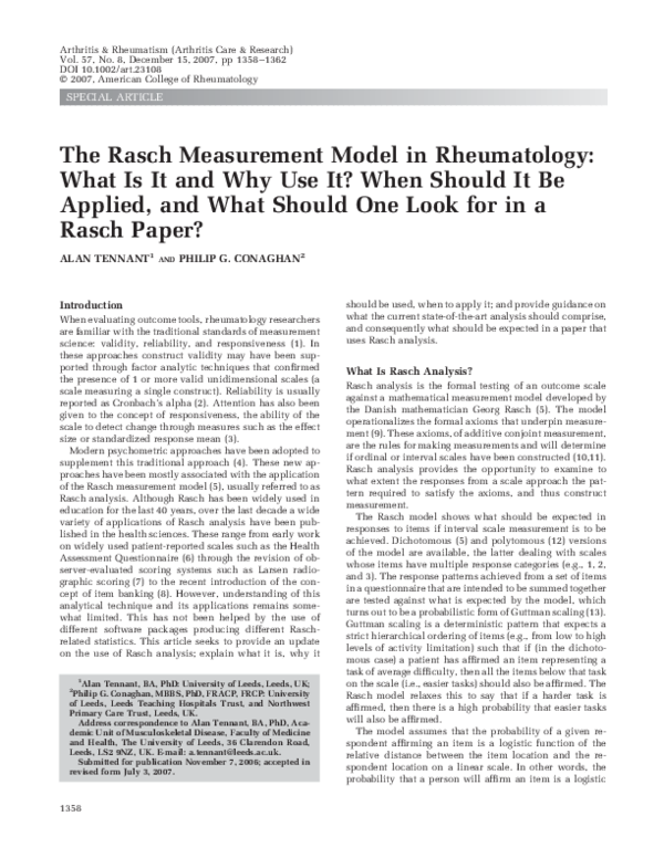 (PDF) The Rasch measurement model in rheumatology: What is it and why ...