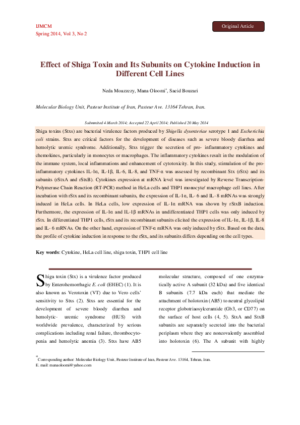 (PDF) Effect of shiga toxin and its subunits on cytokine induction in ...