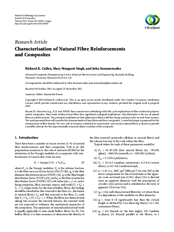 (PDF) Characterisation of Natural Fibre Reinforcements and Composites