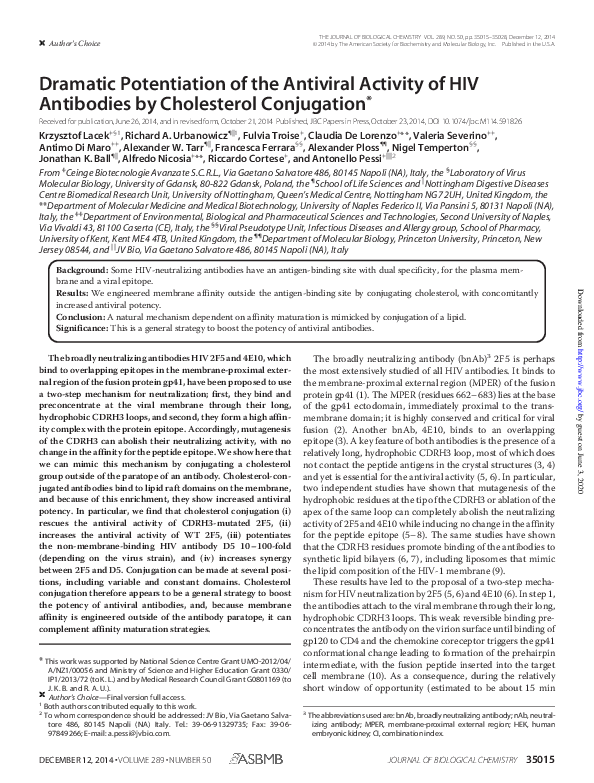 Dramatic potentiation of the antiviral activity of HIV antibodies by cholesterol conjugation