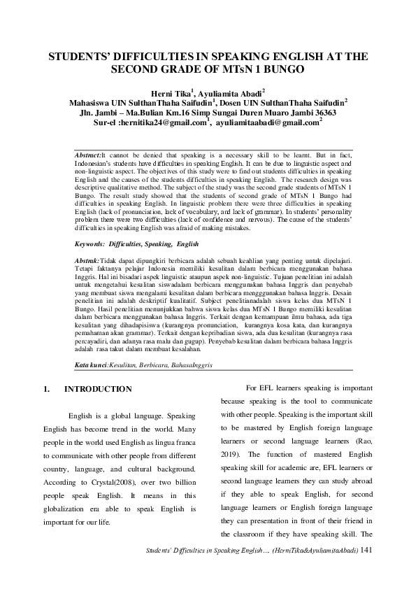 (PDF) Students' Difficulties In Speaking English