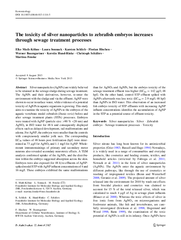 (PDF) The toxicity of silver nanoparticles to zebrafish embryos ...