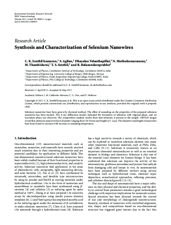 (PDF) Synthesis and Characterization of Selenium Nanowires