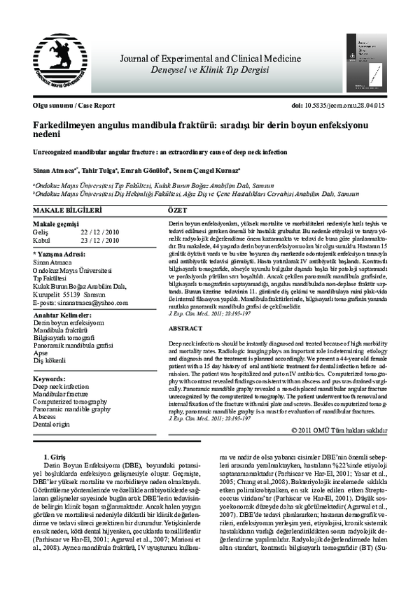 (PDF) Farkedilmeyen angulus mandibula fraktürü: sıradışı bir derin ...