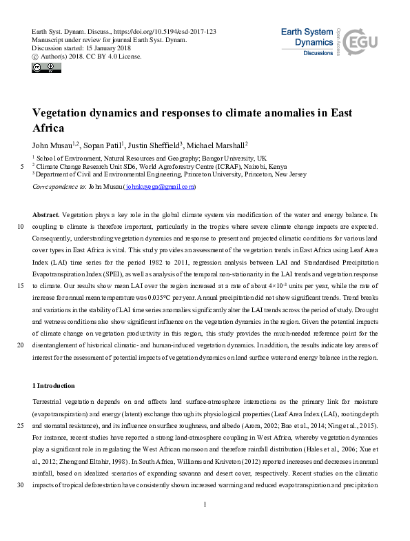 (PDF) Vegetation dynamics and responses to climate anomalies in East Africa