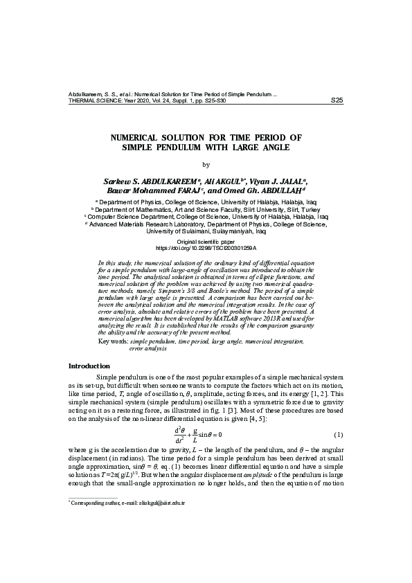(PDF) Numerical solution for time period of simple pendulum with large ...