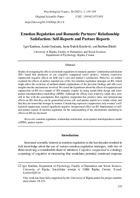 (PDF) Emotion regulation and romantic partners’ relationship satisfaction