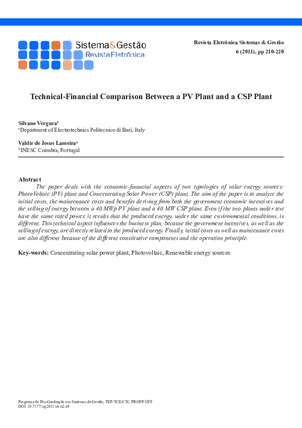 (PDF) Technical-Financial Comparison Between a PV Plant and a CSP Plant