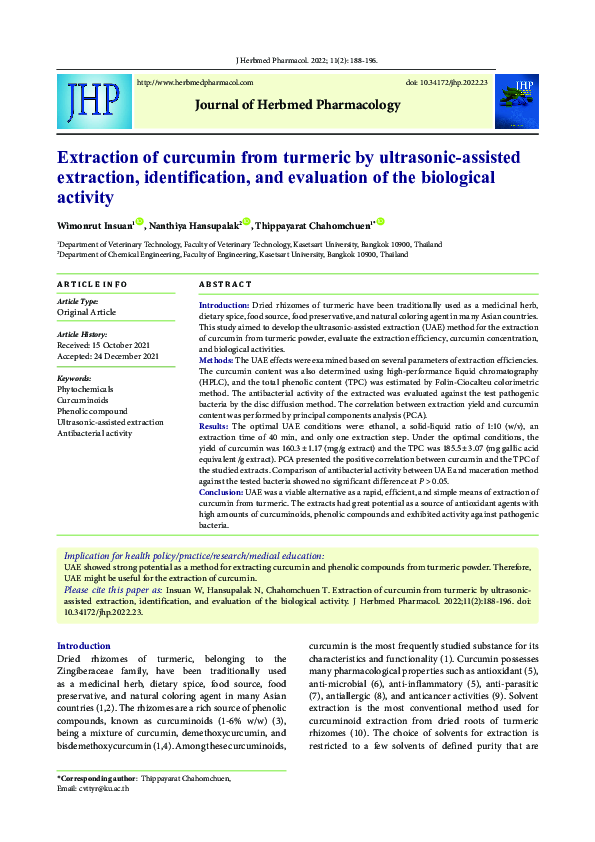(PDF) Extraction of curcumin from turmeric by ultrasonic-assisted ...