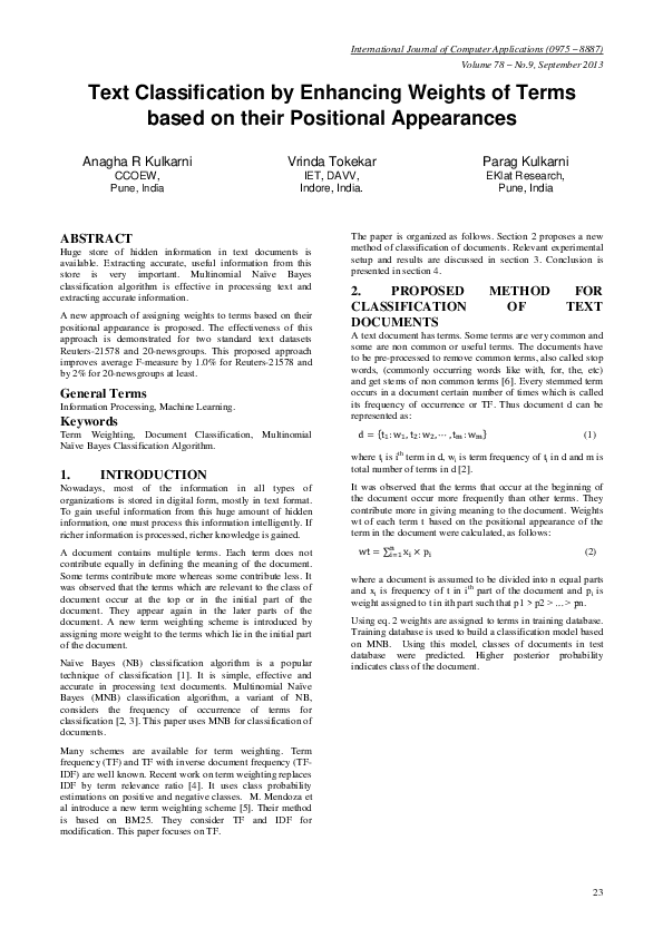 (PDF) Text Classification by Enhancing Weights of Terms based on their ...