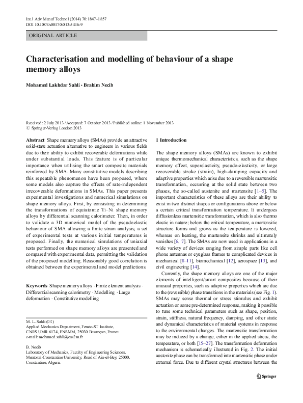 (PDF) Characterisation and modelling of behaviour of a shape memory alloys