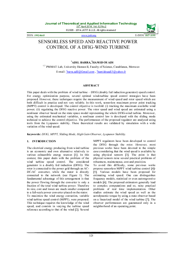 (PDF) Sensorless Speed and Reactive Power Control of a Dfig-Wind Turbine 1