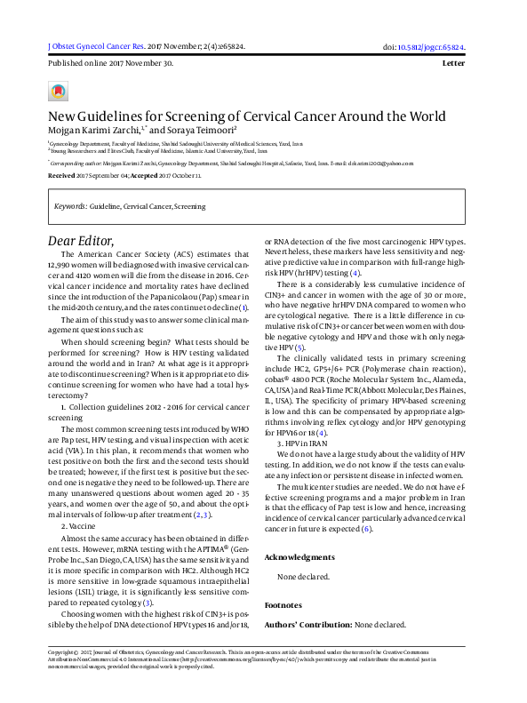 (PDF) New Guidelines for Screening of Cervical Cancer Around the World