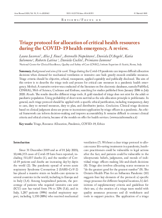 (PDF) Triage protocol for allocation of critical health resources ...