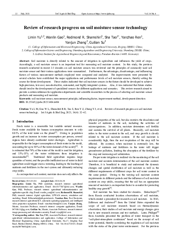 (PDF) Review of research progress on soil moisture sensor technology