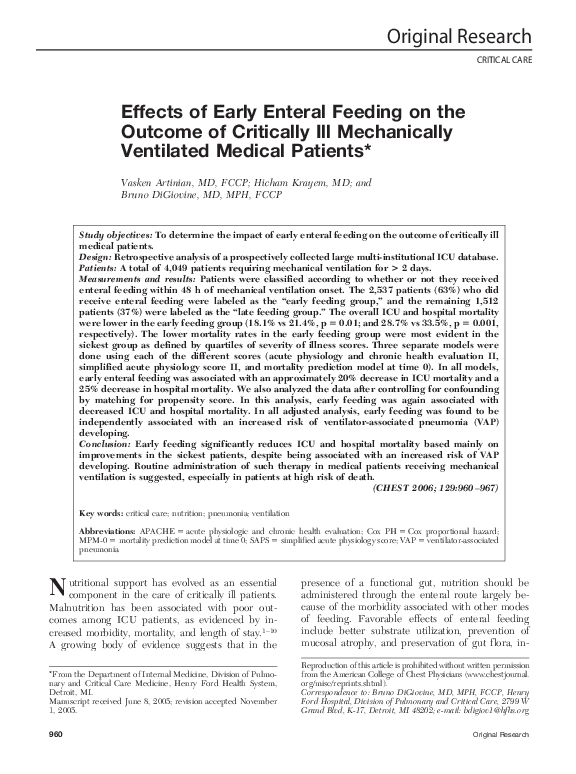 (PDF) Effects of Early Enteral Feeding on the Outcome of Critically Ill ...