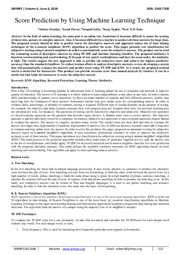 (PDF) Score Prediction By Using Machine Learning Technique