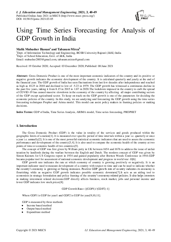 (PDF) Using Time Series Forecasting for Analysis of GDP Growth in India