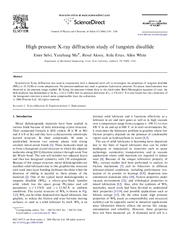 (PDF) High pressure Xray diffraction study of tungsten disulfide