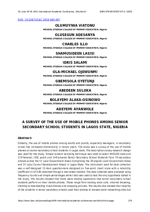 (PDF) A Survey of the use of Mobile Phones among Senior Secondary ...