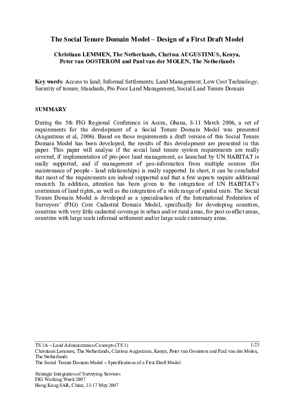(PDF) The social tenure domain model design of a first draft model