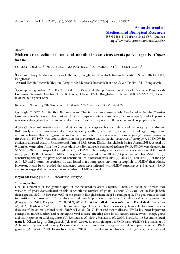 (PDF) Molecular detection of foot and mouth disease virus serotype A in ...