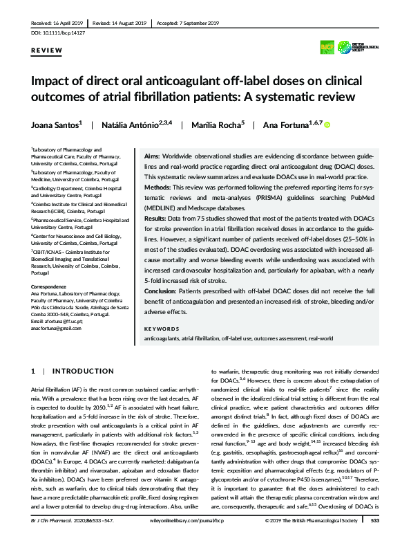 (PDF) Impact of direct oral anticoagulants off‐label doses on clinical ...