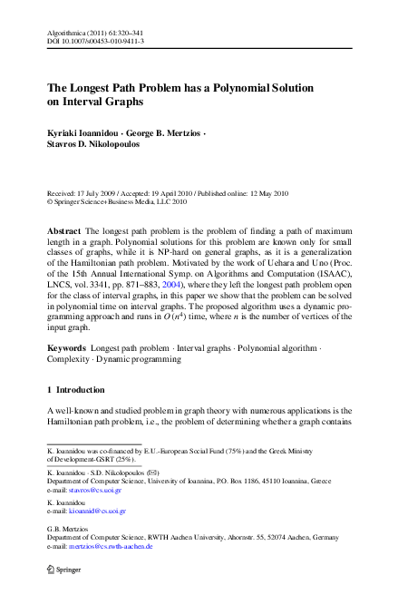 (PDF) The Longest Path Problem has a Polynomial Solution on Interval Graphs