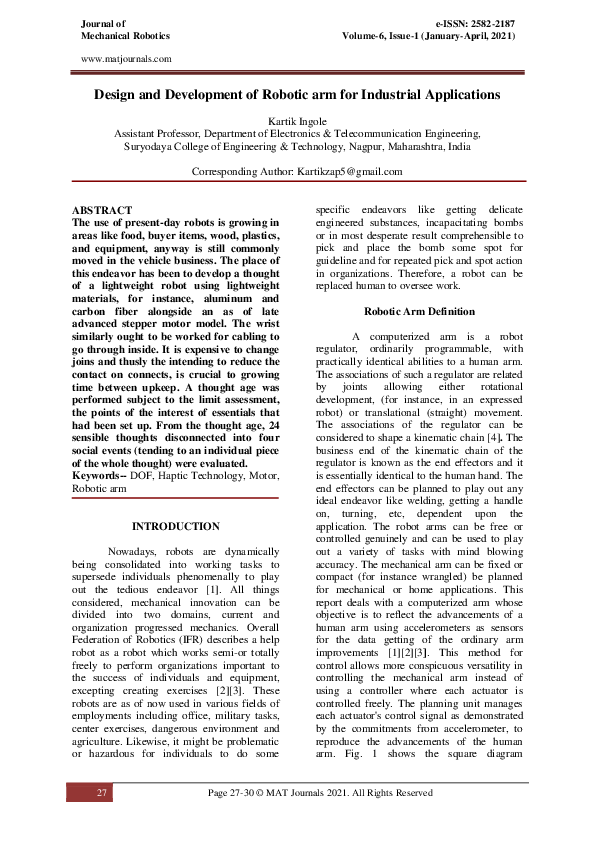 (PDF) Design and Development of Robotic arm for Industrial Applications