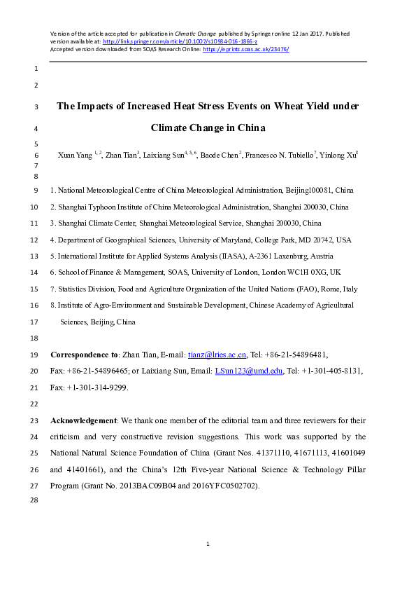 (PDF) The impacts of increased heat stress events on wheat yield under ...